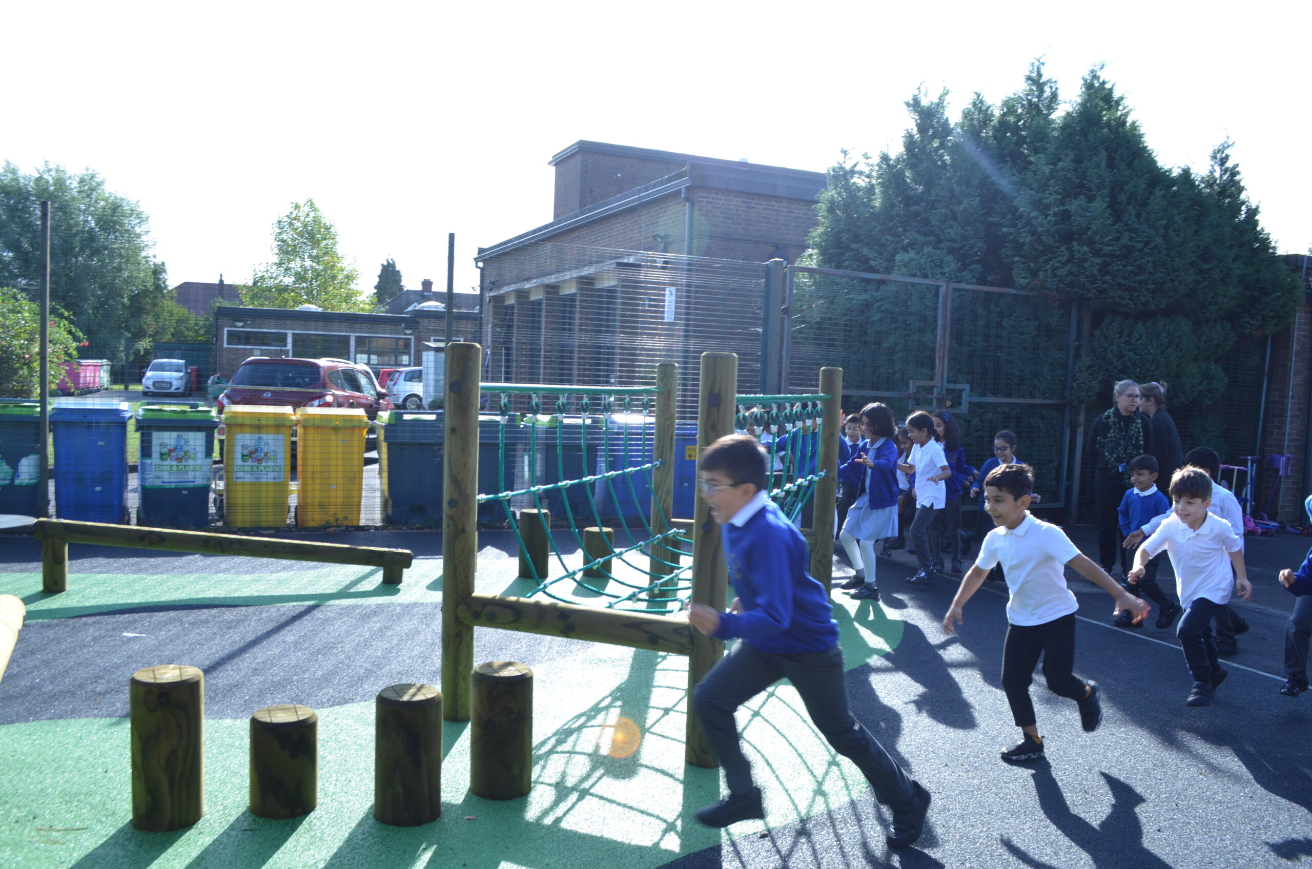 Barley Lane School Obstacle Course - Wooden Trim Trail by Everyday Play with green wetpour safety surface