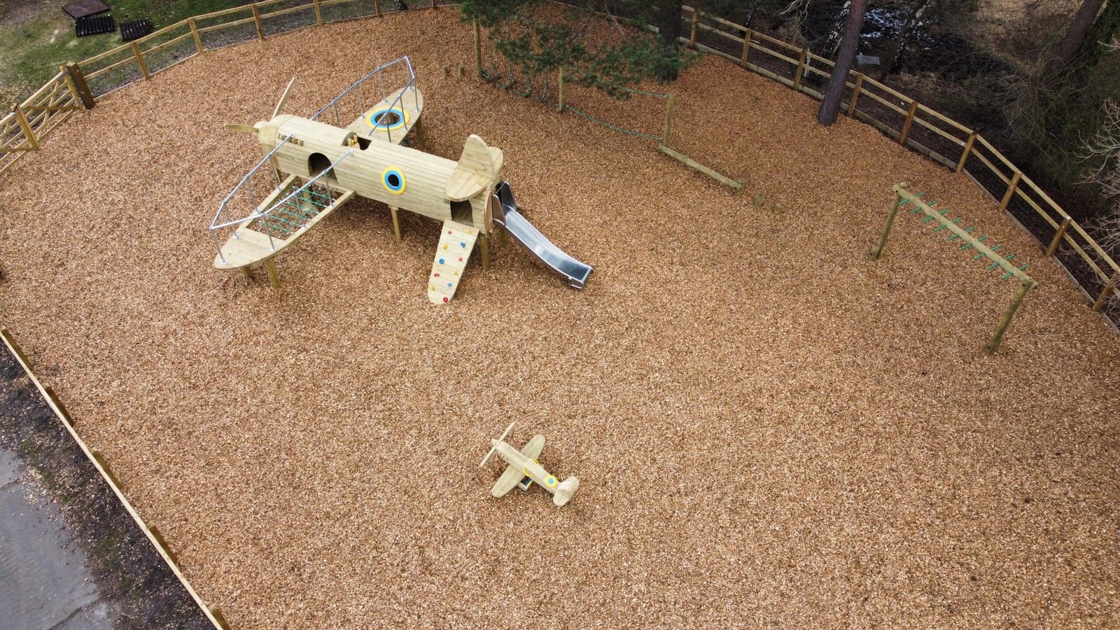 Drone image of spitfire climbing frame in the new forest uk