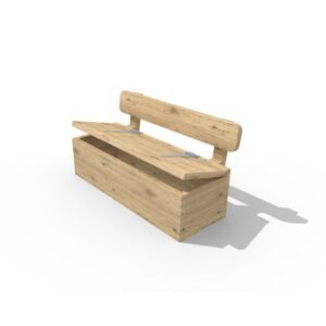 Durable 1.4m school playground storage bench with backrest and integrated storage compartment. Made from play-grade timber, ideal for schools and nurseries.
